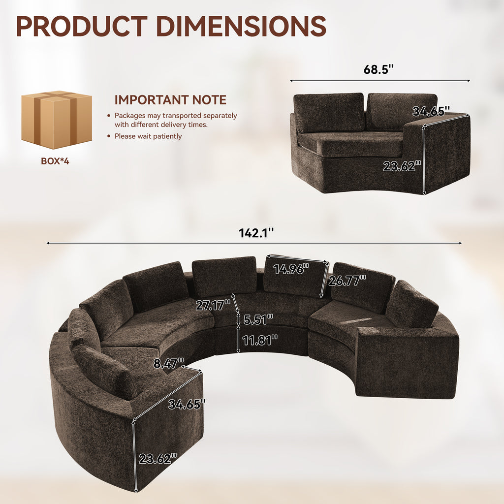 Curved Compression Sectional Couch，8 Seater，Brown
