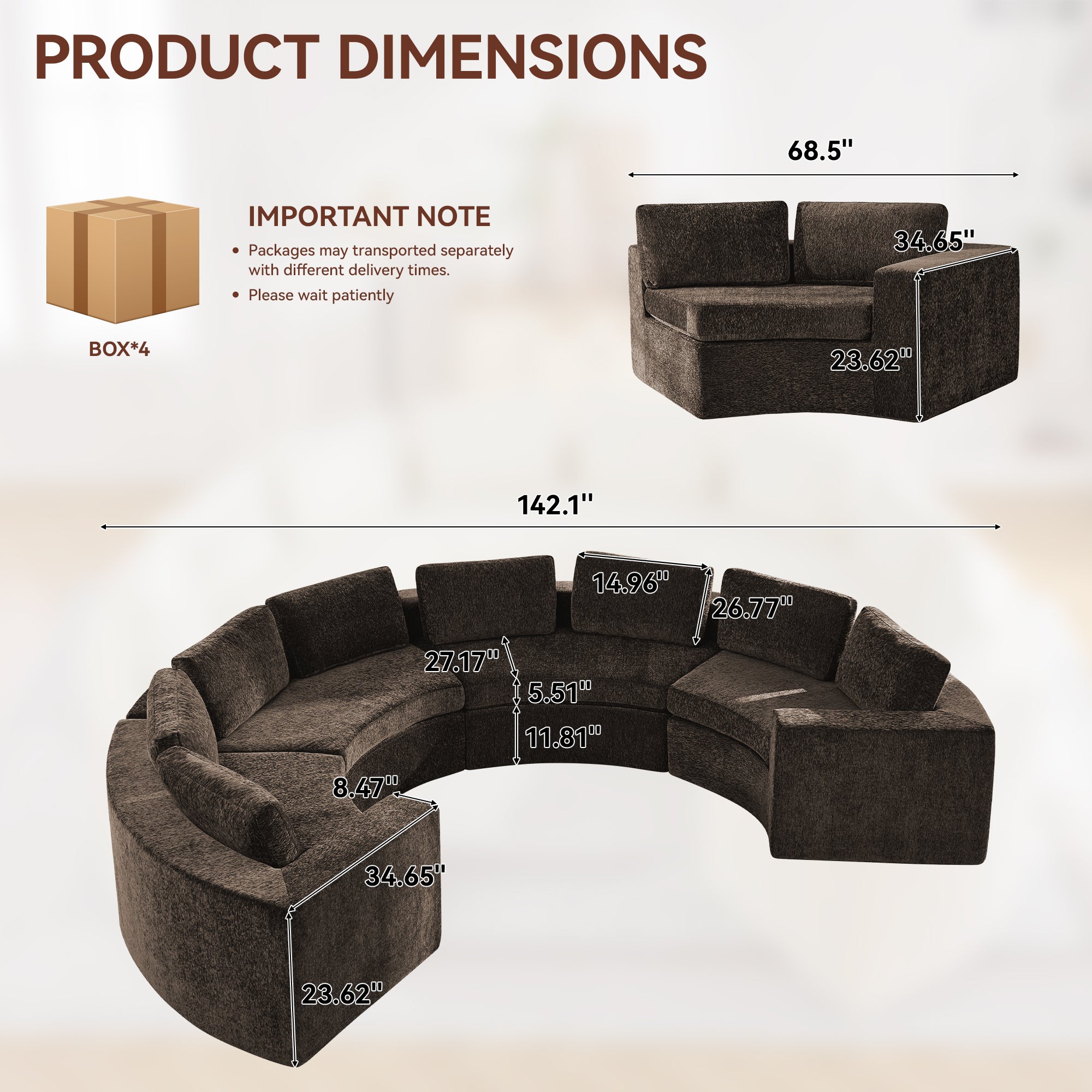 Curved Compression Sectional Couch，8 Seater，Brown