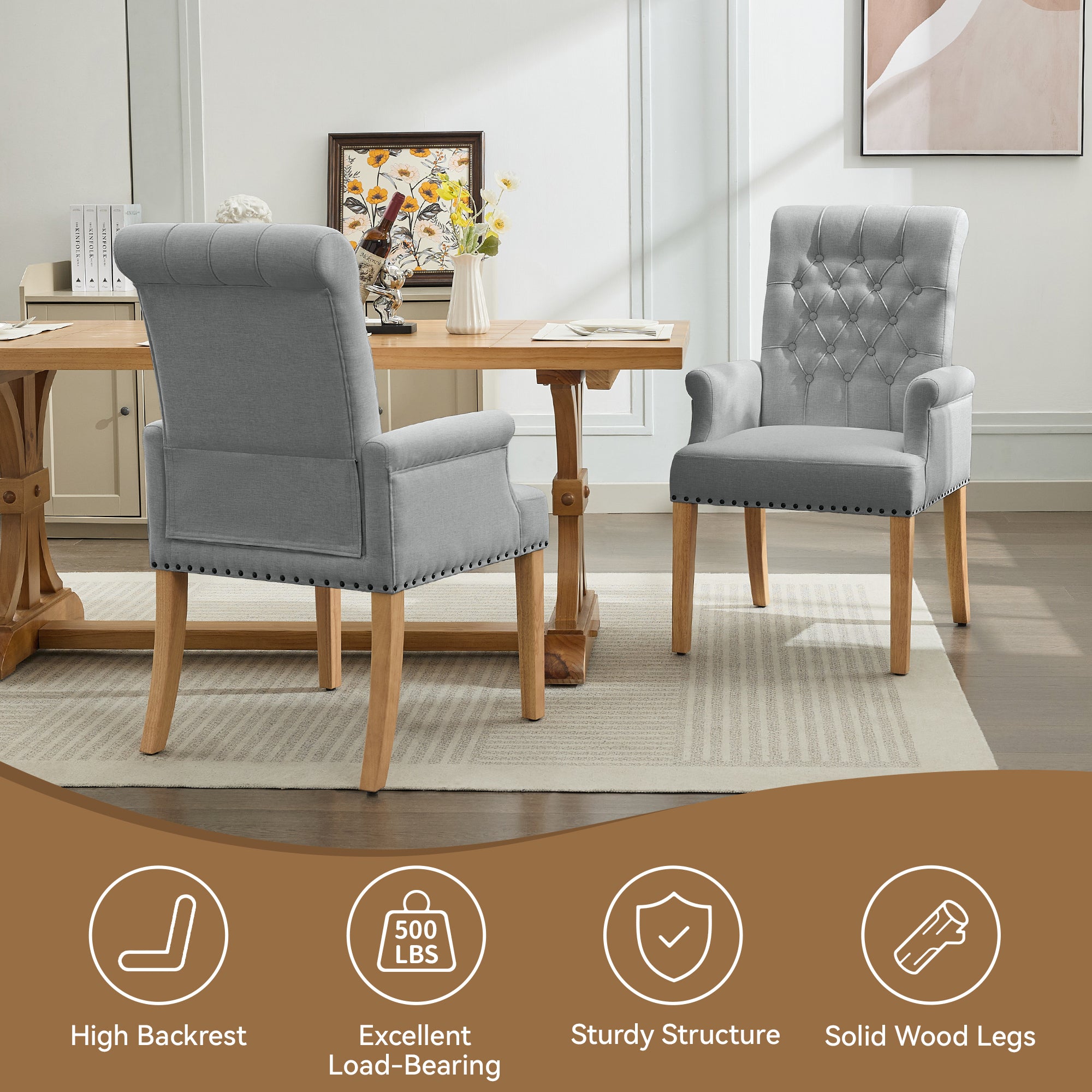 Fabric Dining Chair with Arms，Light Gray