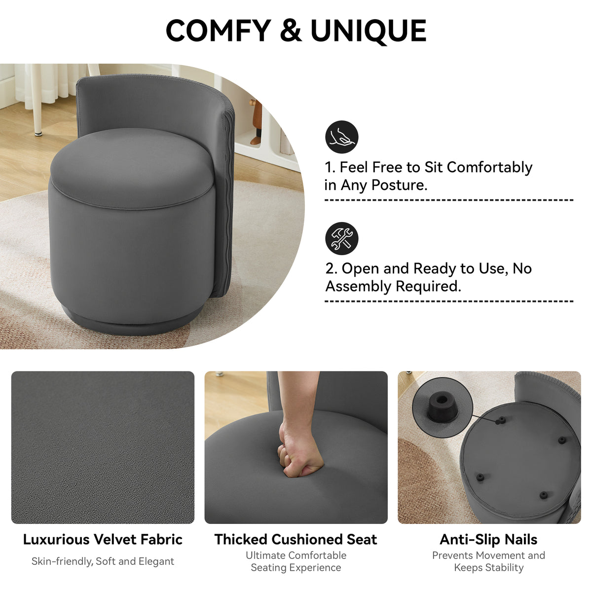 Velvet Swivel Accent Chair with Storage, 360° Vanity Makeup Chair with Wave Back, No Assembly Comfy Single Sofa Chair, Small Accent Stool for Bedroom, Dressing, Living Room