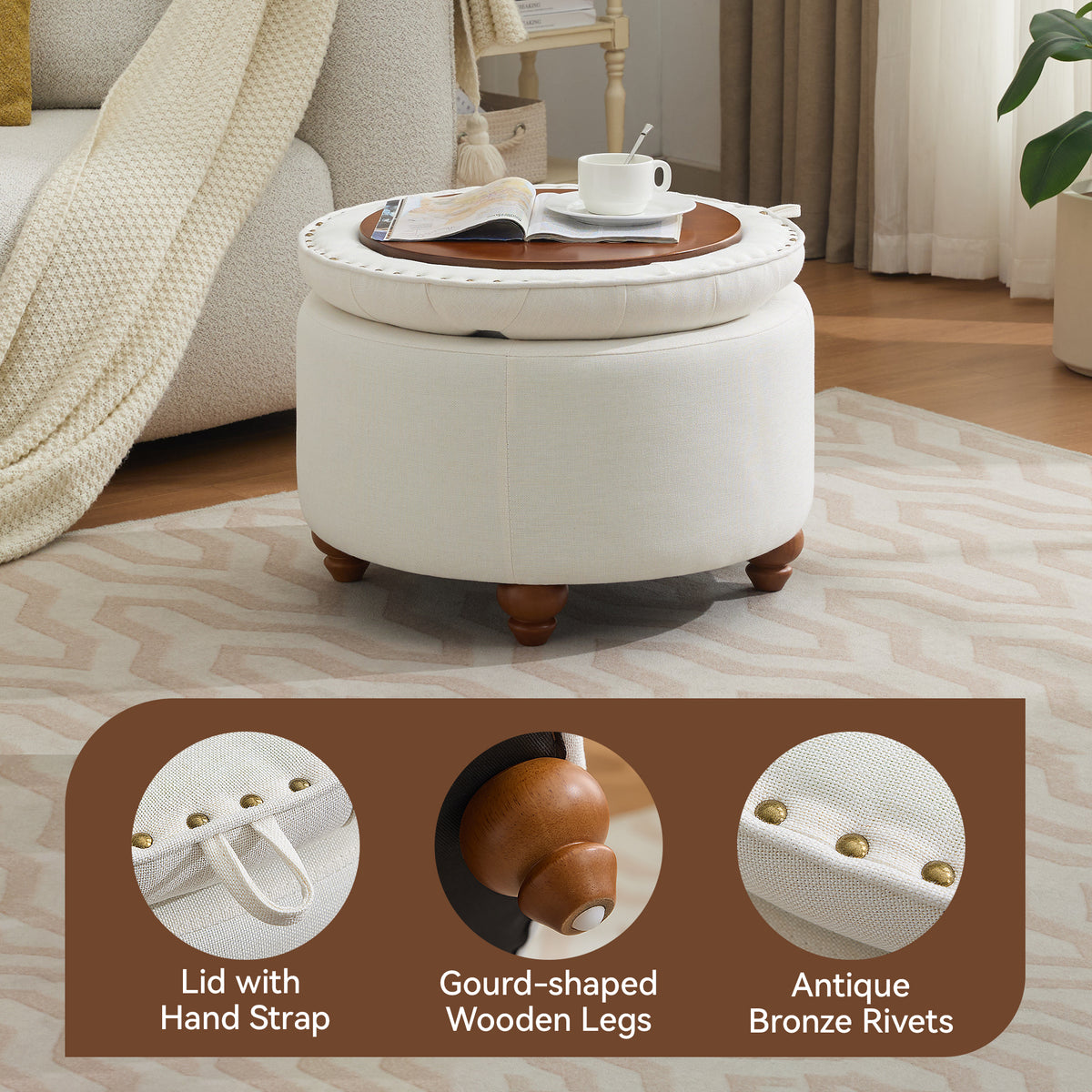 24'' Round Ottoman with Storage, Modern Tufted Fabirc Storage Ottoman with Removable Top for Living Room, Bedroom, White
