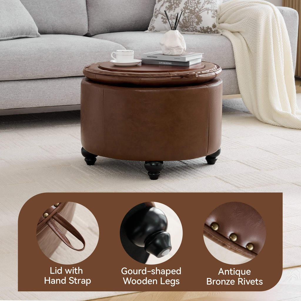 HASLE 24Inch Round Storage Ottoman with Tray, Modern Tufted Leather Circle Coffee Table with Storage, Upholstered Ottoman with Removable Top for Living Room, Bedroom, Leather Coffee