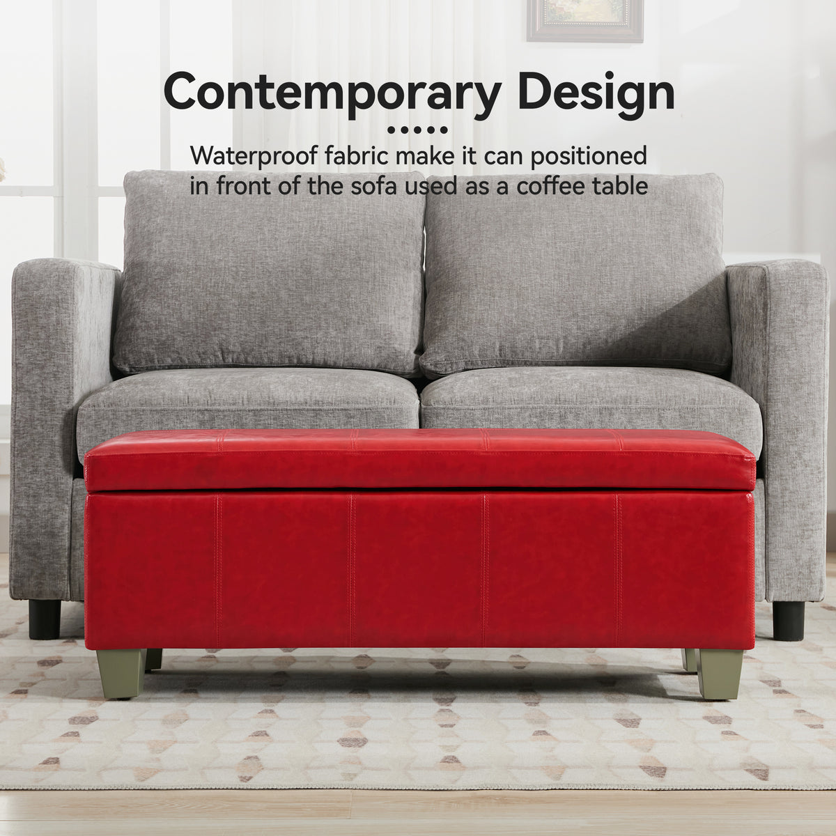 Faux Leather Storage Ottoman Bench, Rectangle Upholstered Storage Bench with Wooden Legs, Stitch Tufted Bench with Storage for Bedroom, Living Room, Entryway