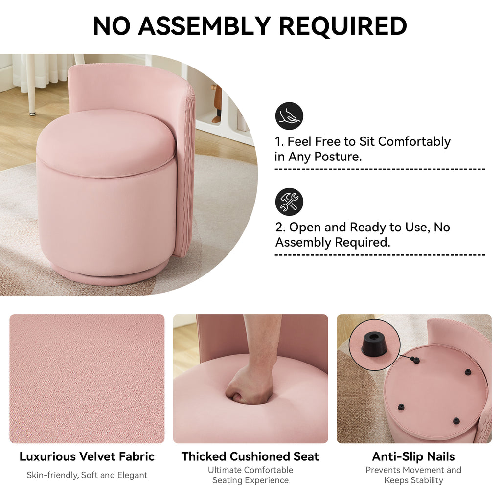 Vanity Chair with Storage，Velvet, Pink