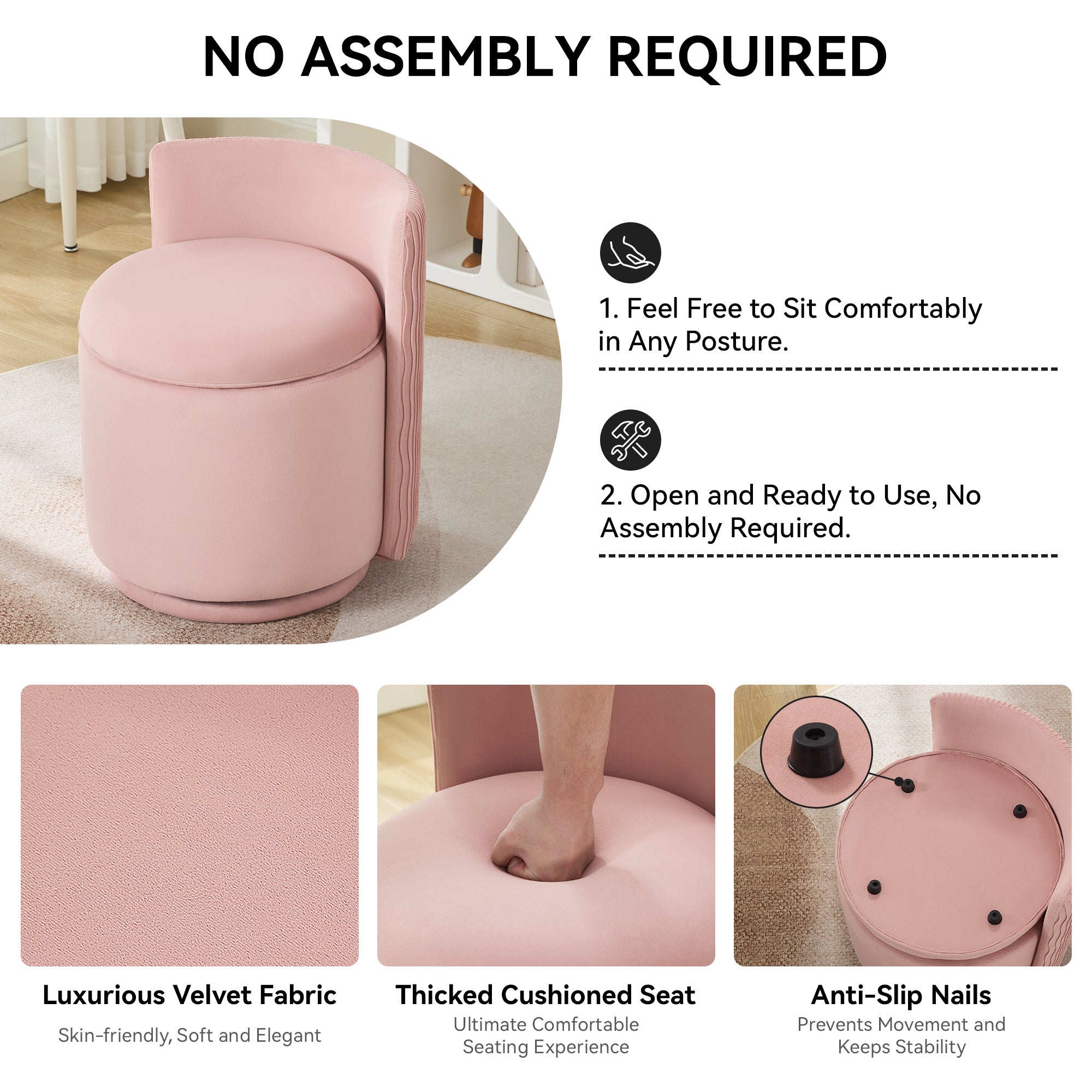 Vanity Chair with Storage，Velvet, Pink