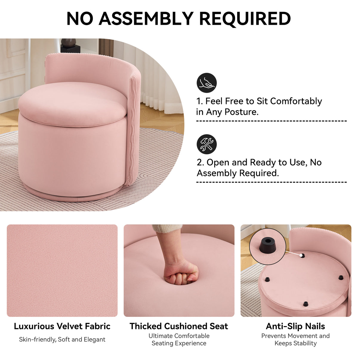 Velvet Swivel Accent Chair with Storage, 360° Vanity Makeup Chair with Wave Back, No Assembly Comfy Single Sofa Chair, Small Accent Stool for Bedroom, Dressing, Living Room