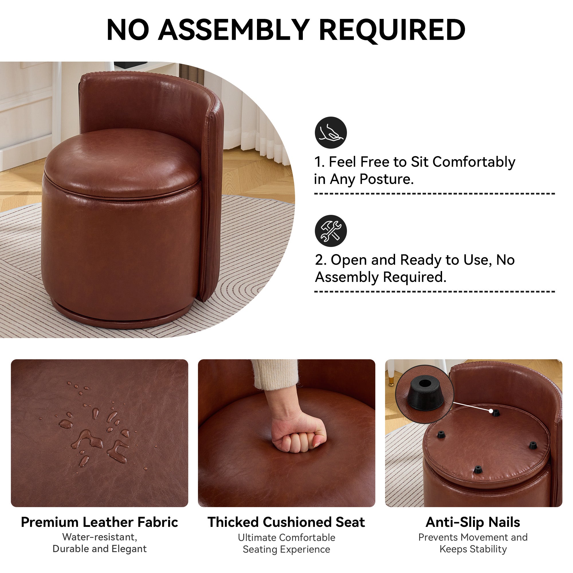 Vanity Chair with Storage，Leather, Red