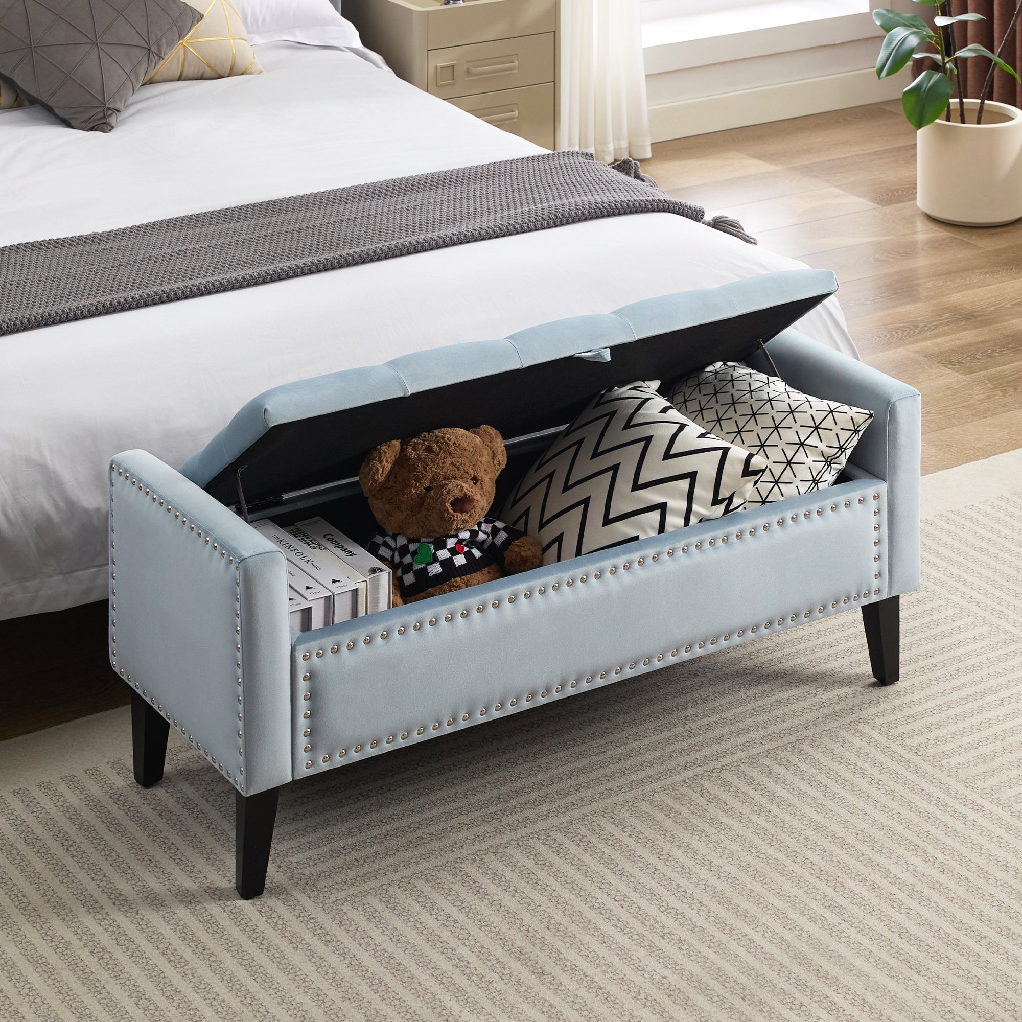 47" Velvet Storage Bench，Blue Grey