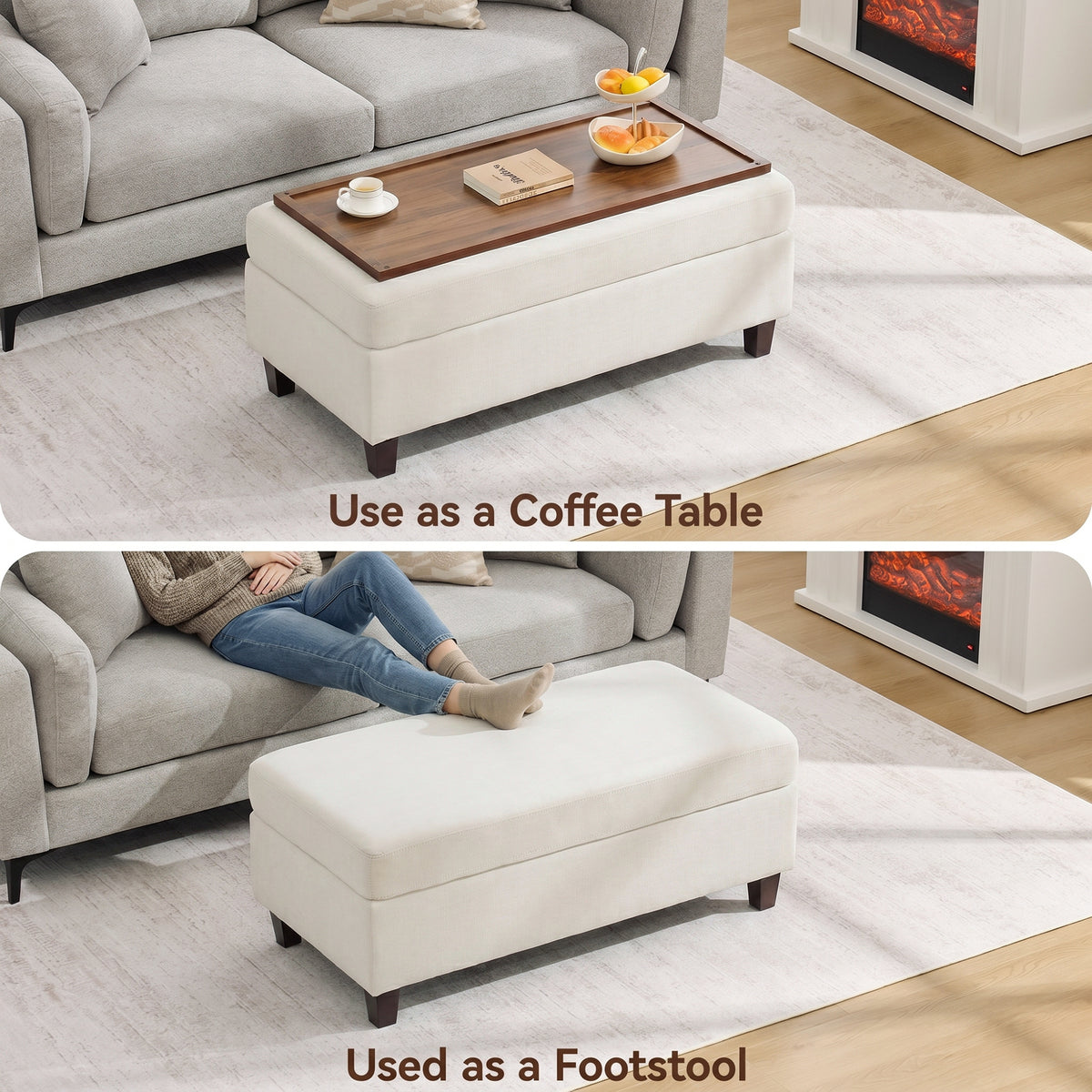 HASLE Storage Ottoman Bench with Wooden Tray, Upholstered Ottoman Coffee Table with Hidden Storage for Living Room Bedroom