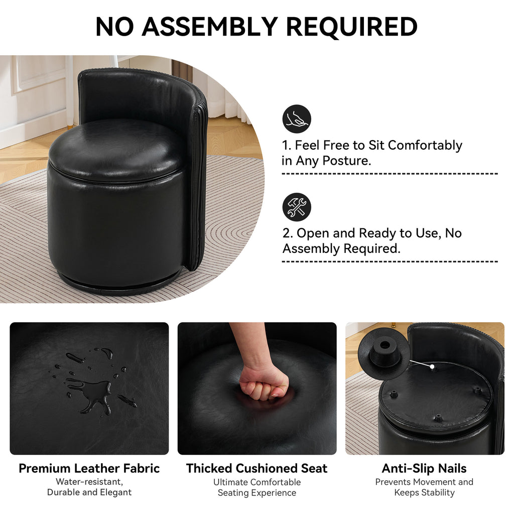 Vanity Chair with Storage，Leather, Black