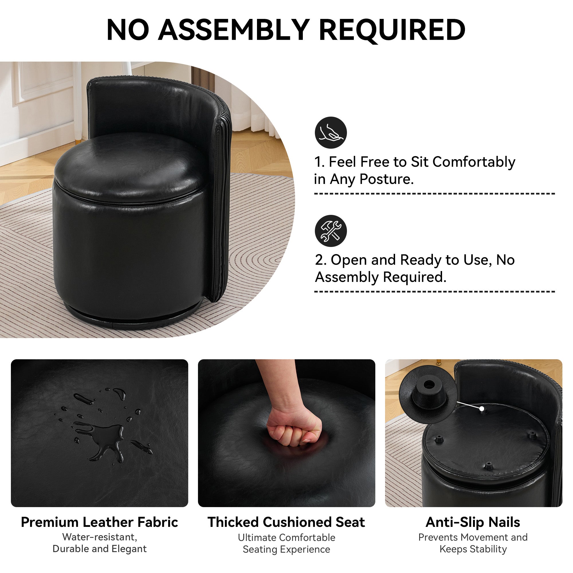 Vanity Chair with Storage，Leather, Black