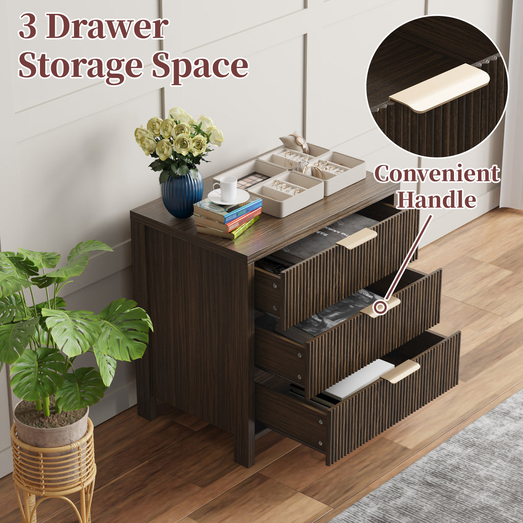 Fluted Nightstand with 3 Drawers, Mid-Century Modern Bedside Table, 23.7'' Wide Wood End Table for Bedroom, Walnut Finish