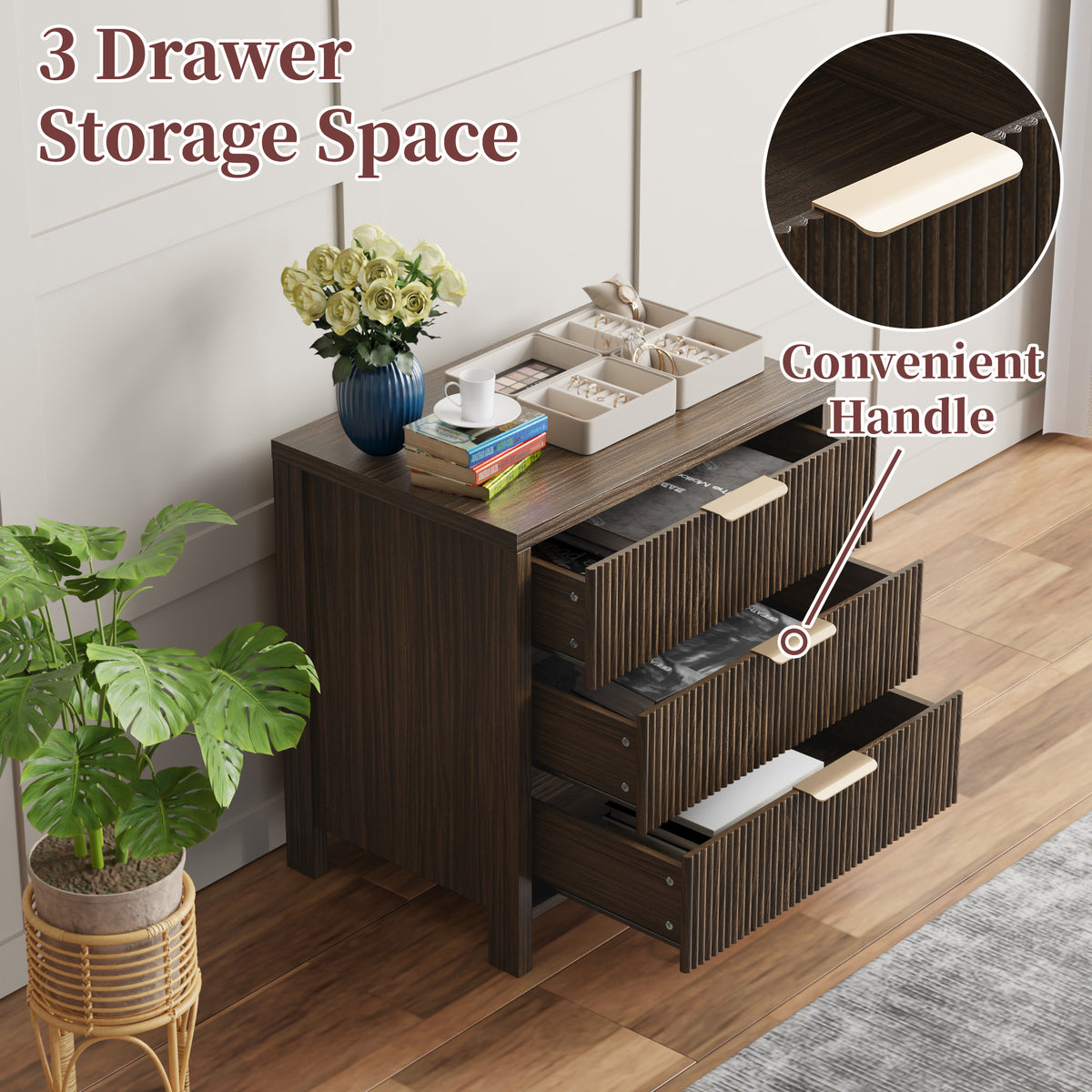Fluted Nightstand with 3 Drawers, Mid-Century Modern Bedside Table, 23.7'' Wide Wood End Table for Bedroom, Walnut Finish