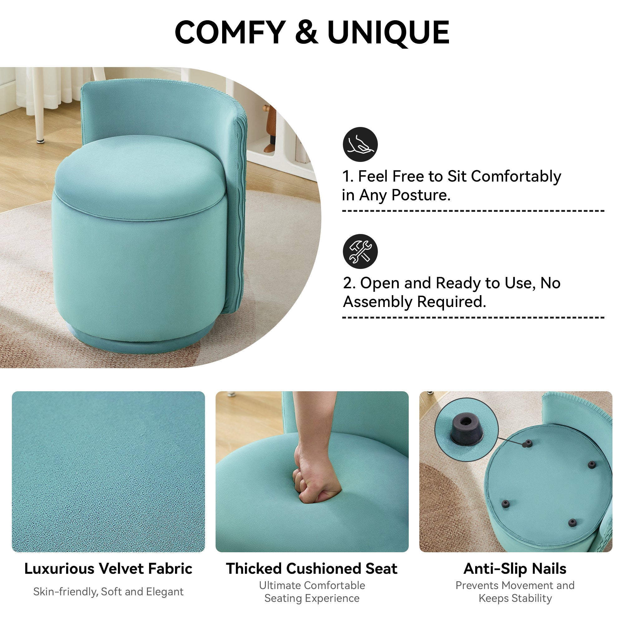 Vanity Chair with Storage，Velvet, Teal