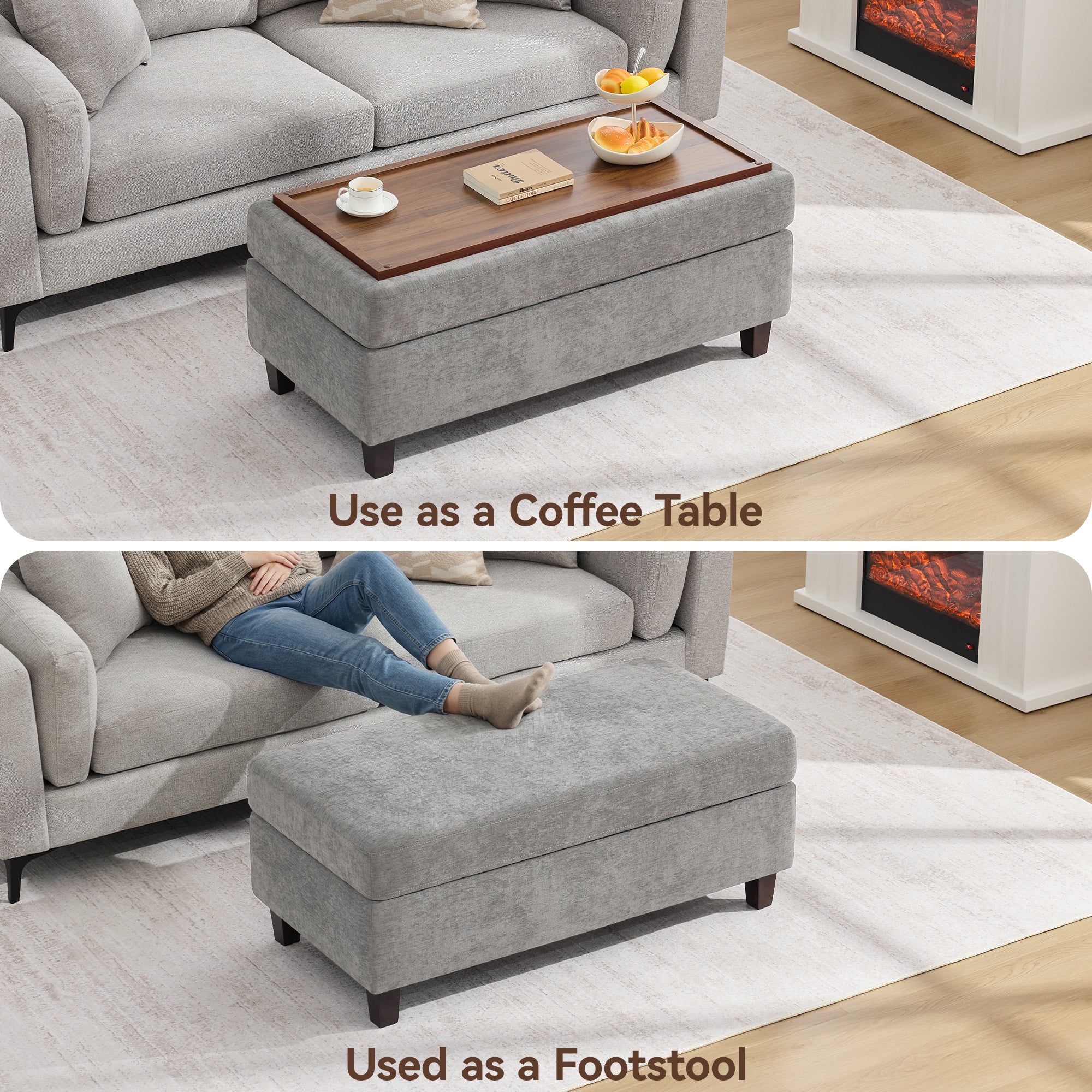 45 Inch Large Storage Ottoman Bench，Light Gray