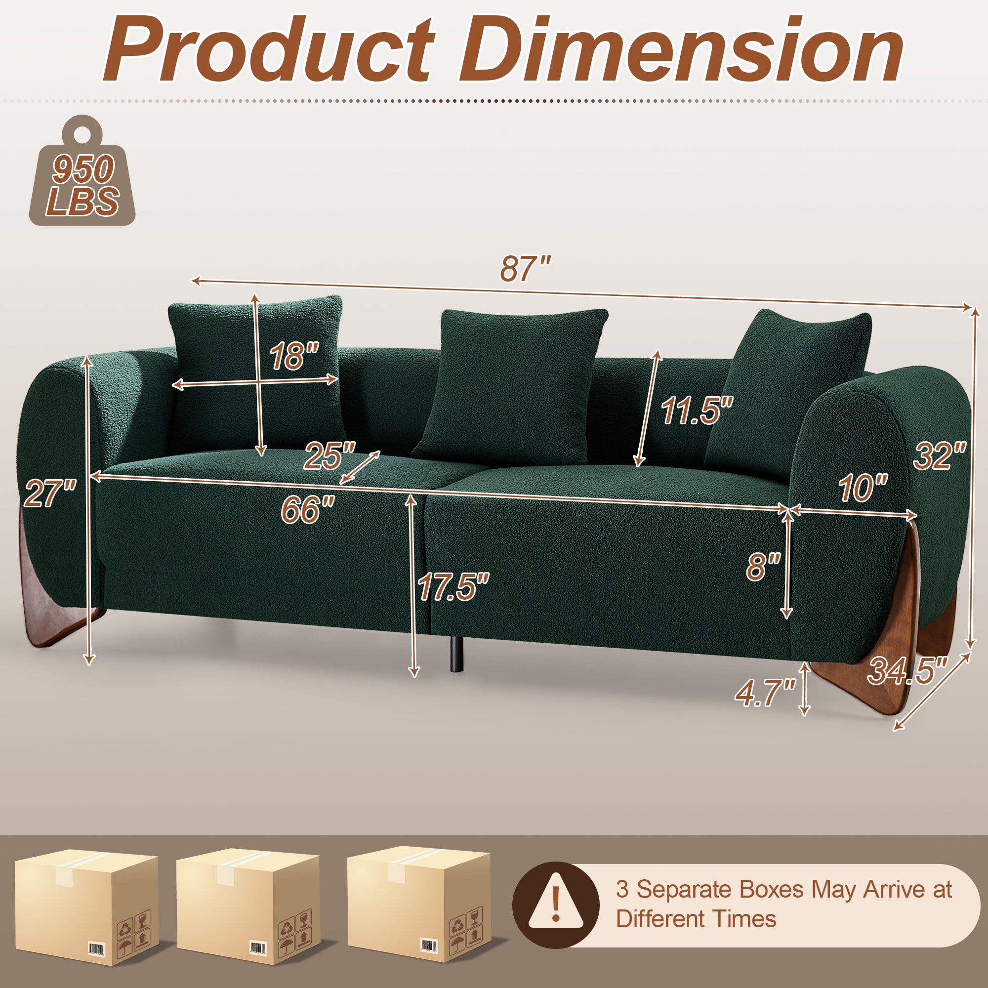 87" Boucle Couch with Solid Wood Legs, Green