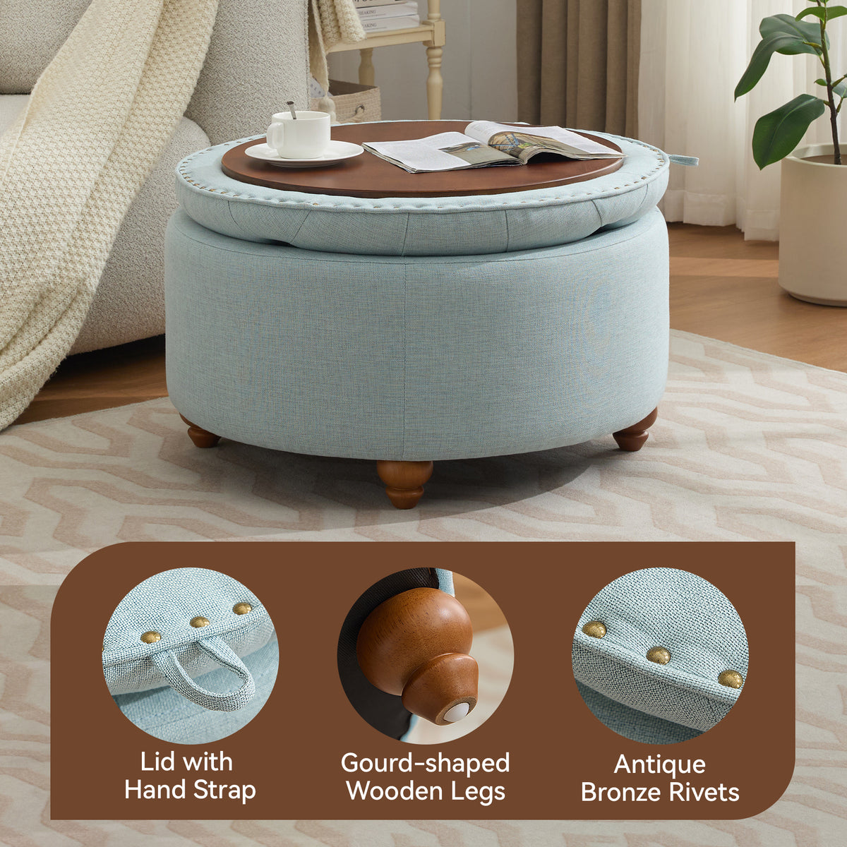 30'' Round Ottoman with Storage, Modern Tufted Fabric Storage Ottoman with Removable Top for Living Room, Bedroom, Light Blue