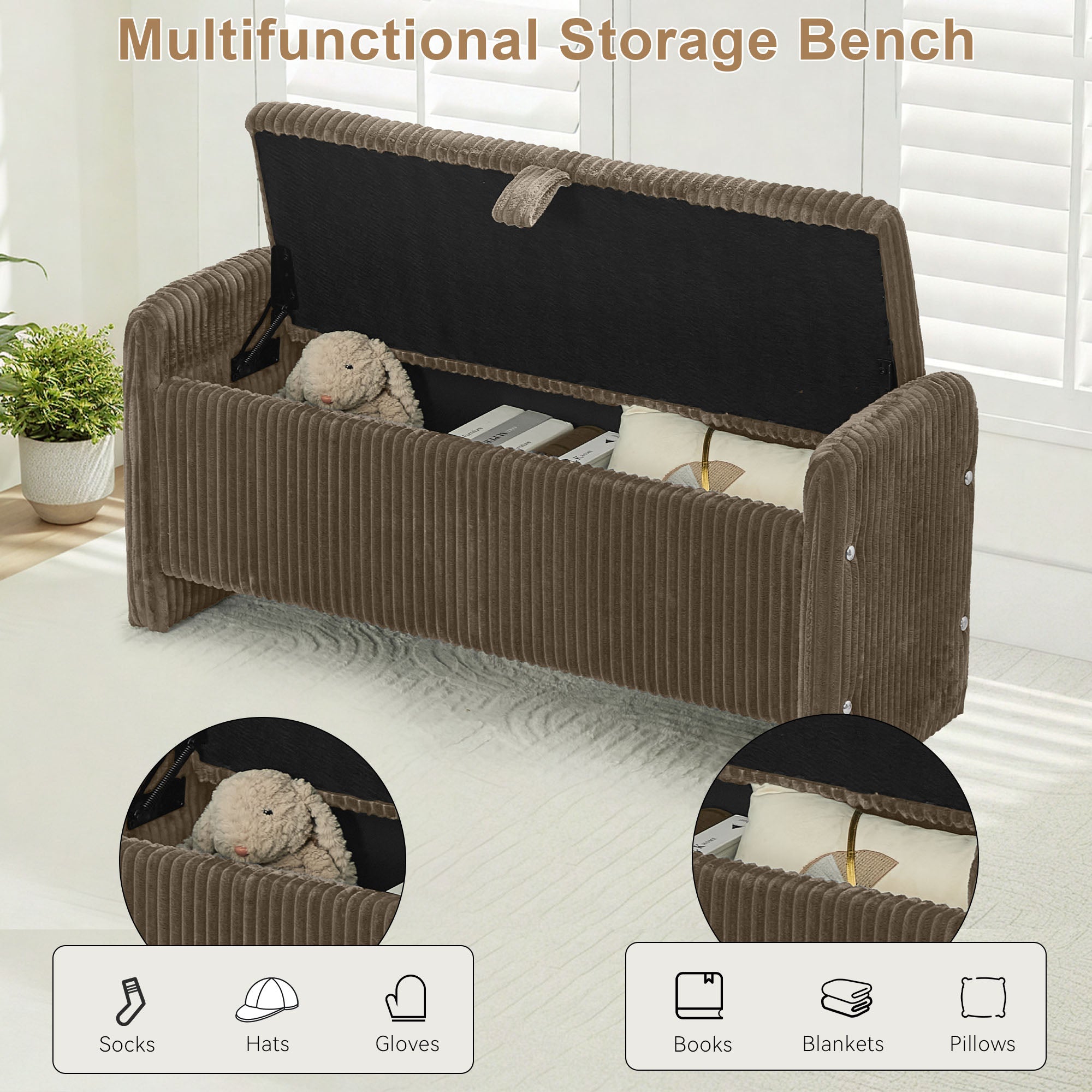 44'' Corduroy Storage Ottoman Bench, Brown