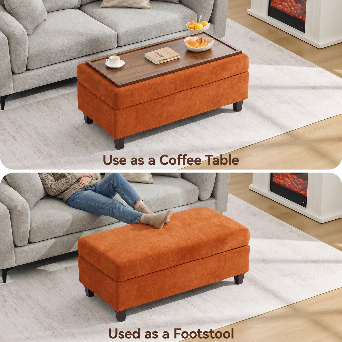 HASLE Storage Ottoman Bench with Wooden Tray, Upholstered Ottoman Coffee Table with Hidden Storage for Living Room Bedroom