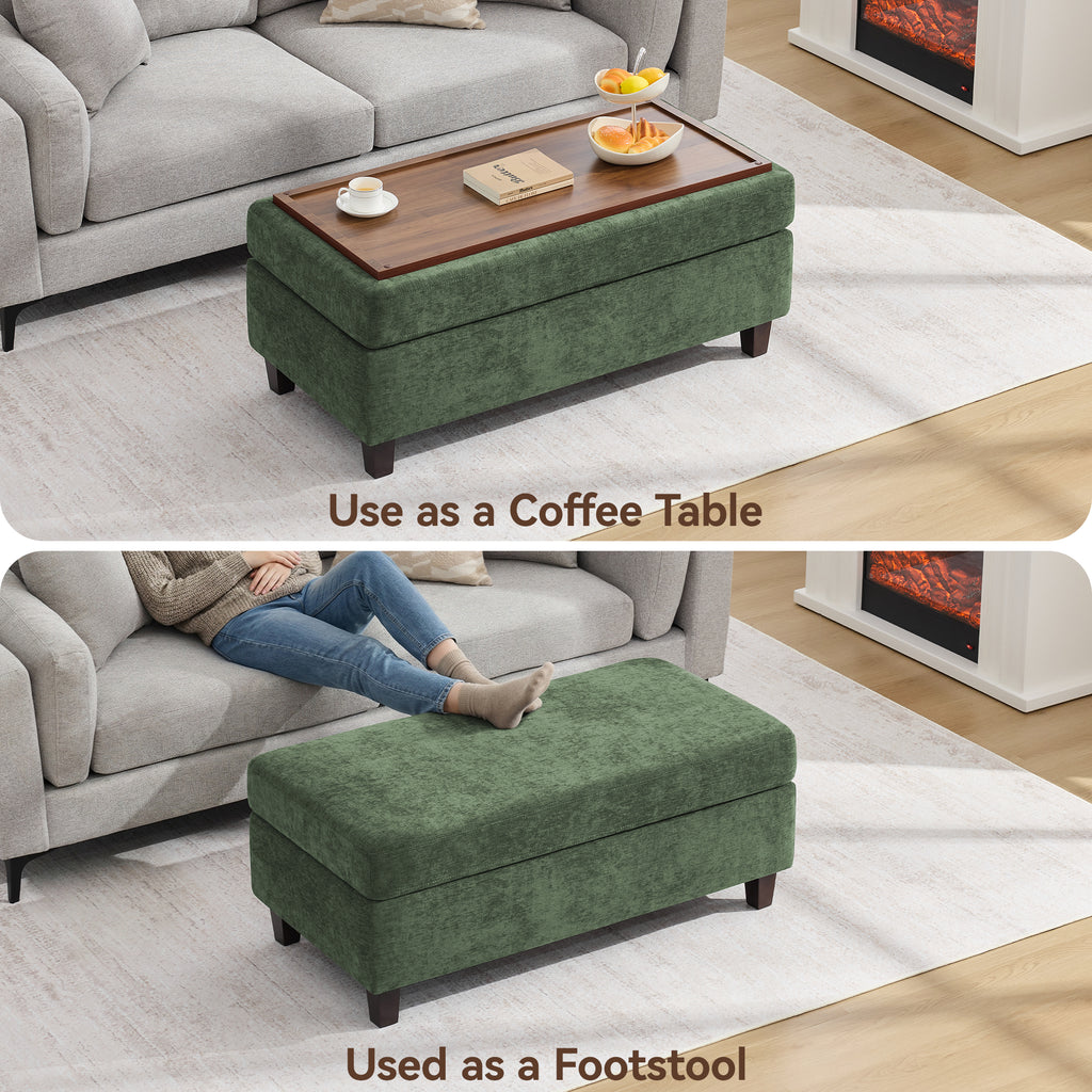 HASLE Storage Ottoman Bench with Wooden Tray, Upholstered Ottoman Coffee Table with Hidden Storage for Living Room Bedroom