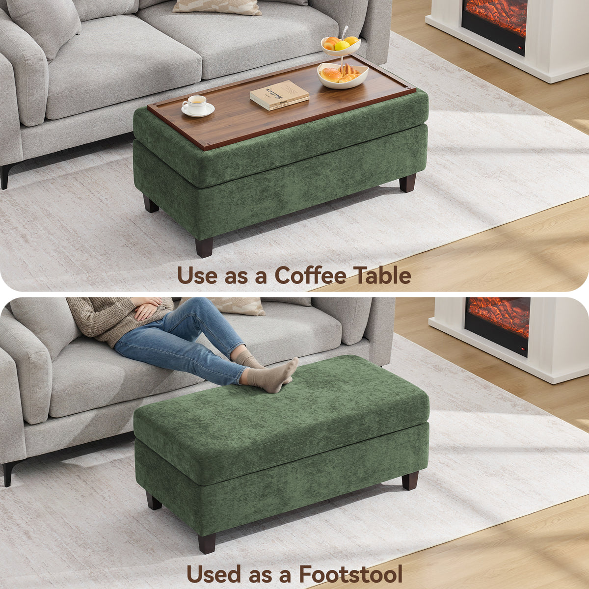 HASLE Storage Ottoman Bench with Wooden Tray, Upholstered Ottoman Coffee Table with Hidden Storage for Living Room Bedroom
