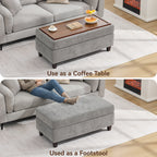 HASLE Storage Ottoman Bench with Wooden Tray, Upholstered Ottoman Coffee Table with Hidden Storage for Living Room Bedroom