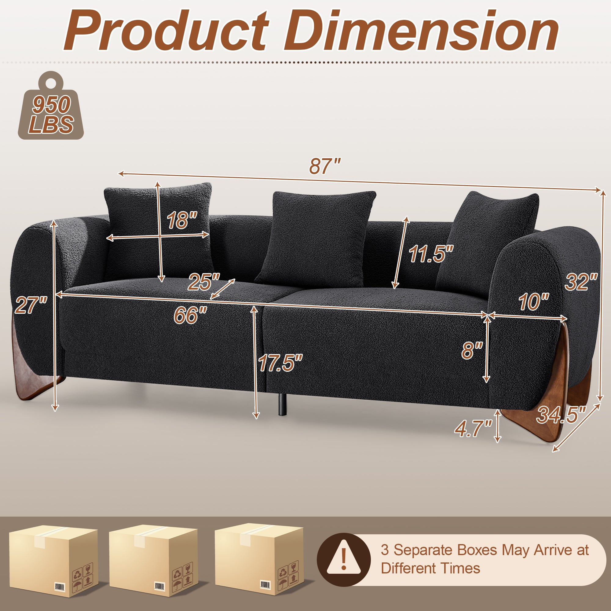 87" Boucle Couch with Solid Wood Legs,Black