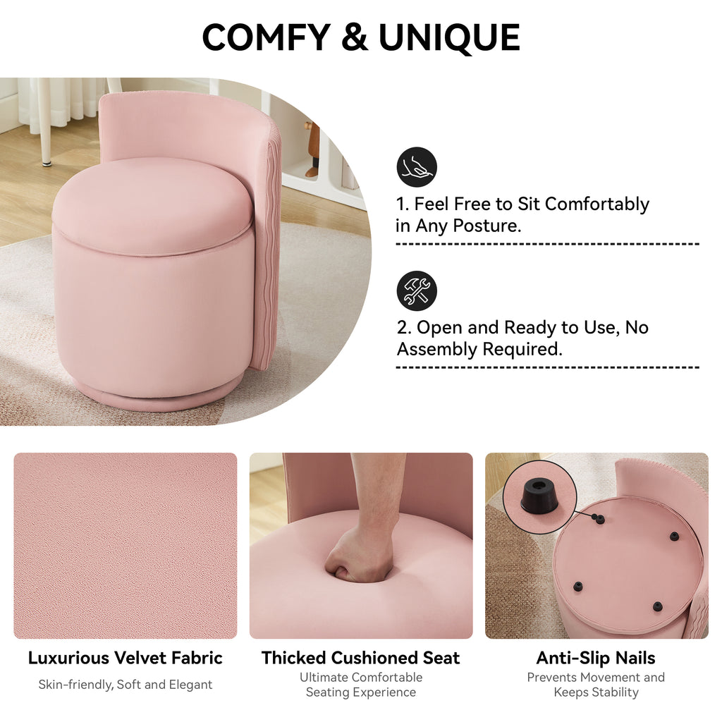 Vanity Chair with Storage，Velvet, Pink