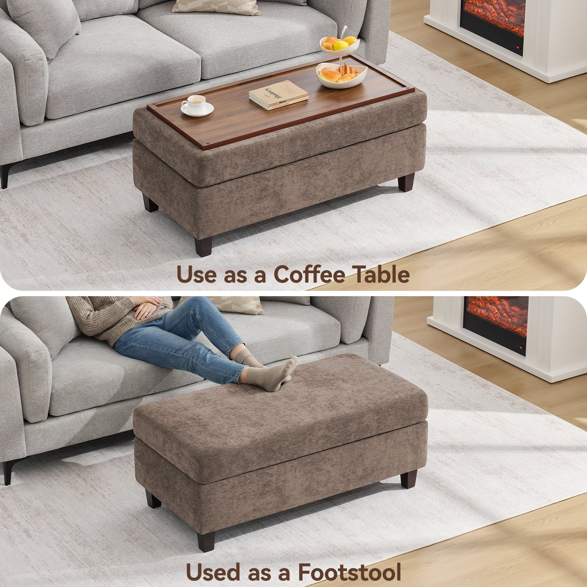 45 Inch Large Storage Ottoman Bench，Brown