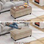 HASLE Storage Ottoman Bench with Wooden Tray, Upholstered Ottoman Coffee Table with Hidden Storage for Living Room Bedroom
