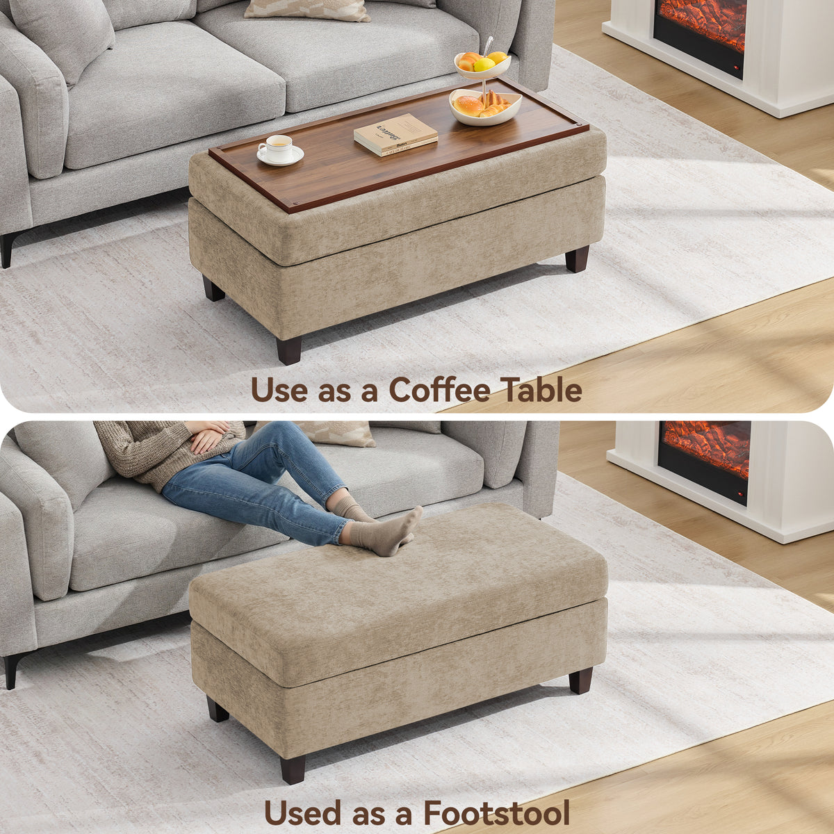 HASLE Storage Ottoman Bench with Wooden Tray, Upholstered Ottoman Coffee Table with Hidden Storage for Living Room Bedroom
