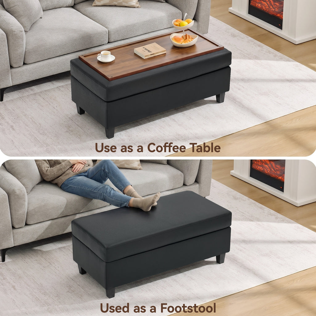 HASLE Storage Ottoman Bench with Wooden Tray, Upholstered Ottoman Coffee Table with Hidden Storage for Living Room Bedroom