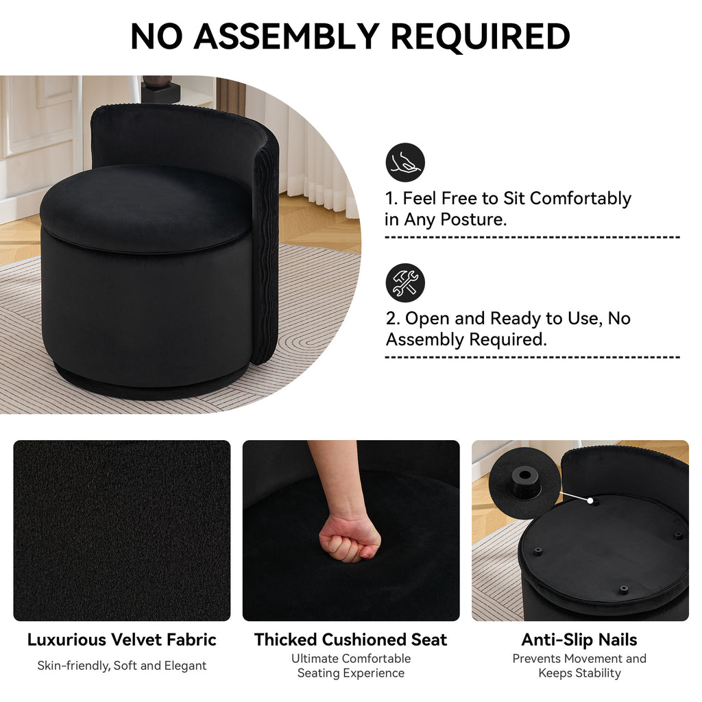 Velvet Swivel Accent Chair with Storage, 360° Vanity Makeup Chair with Wave Back, No Assembly Comfy Single Sofa Chair, Small Accent Stool for Bedroom, Dressing, Living Room