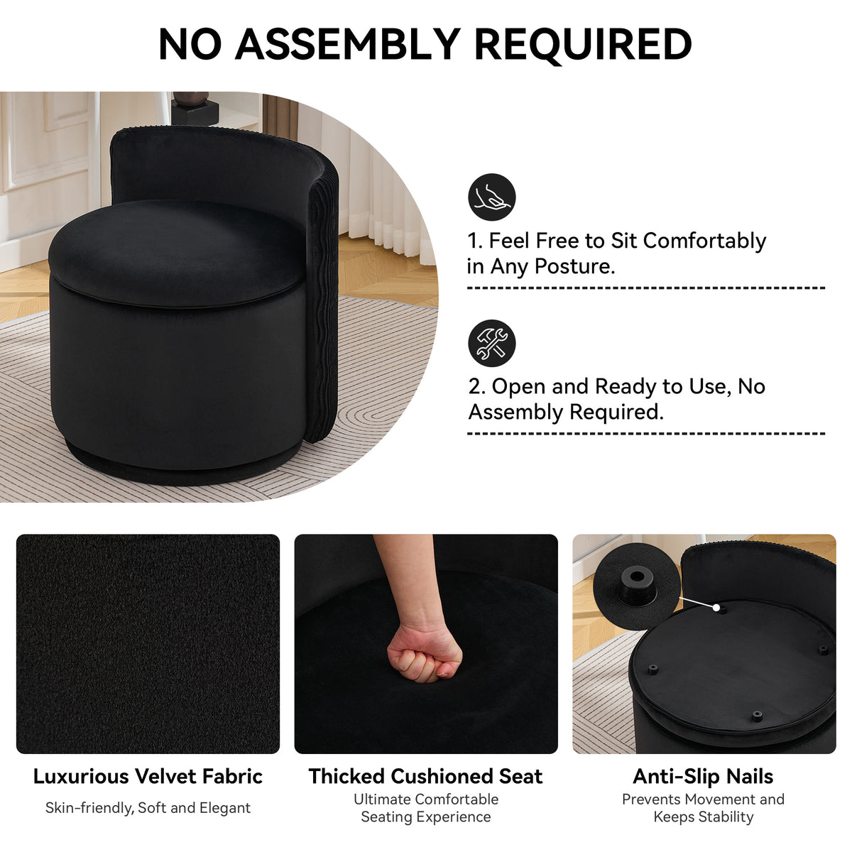 Velvet Swivel Accent Chair with Storage, 360° Vanity Makeup Chair with Wave Back, No Assembly Comfy Single Sofa Chair, Small Accent Stool for Bedroom, Dressing, Living Room