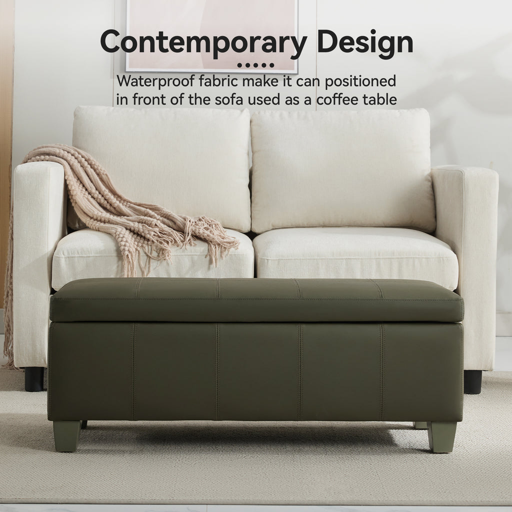 Faux Leather Storage Ottoman Bench, Rectangle Upholstered Storage Bench with Wooden Legs, Stitch Tufted Bench with Storage for Bedroom, Living Room, Entryway
