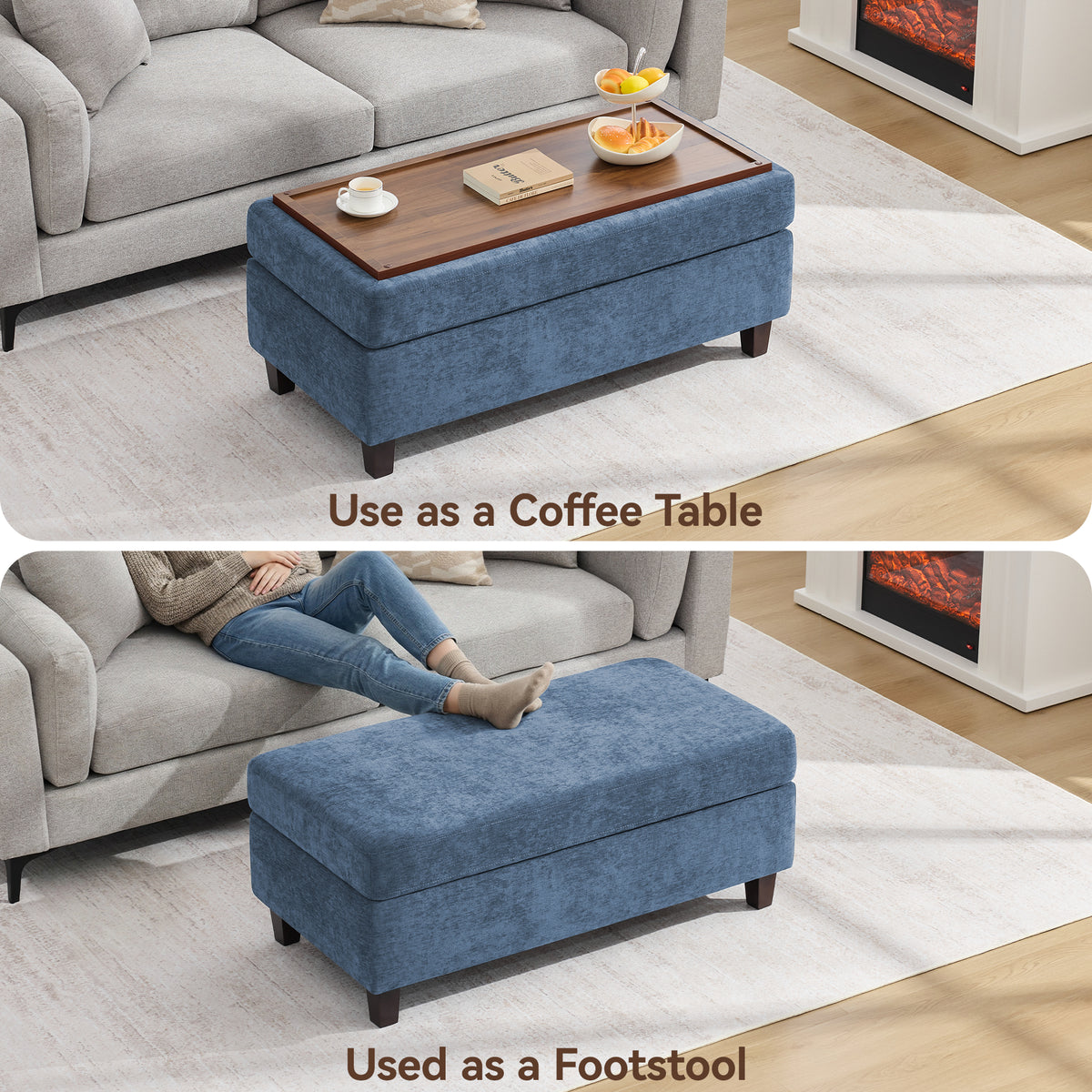 HASLE Storage Ottoman Bench with Wooden Tray, Upholstered Ottoman Coffee Table with Hidden Storage for Living Room Bedroom