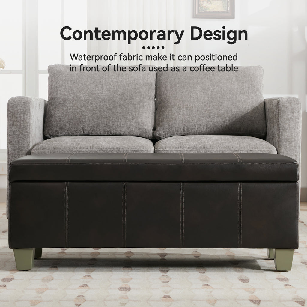 Faux Leather Storage Ottoman Bench, Rectangle Upholstered Storage Bench with Wooden Legs, Stitch Tufted Bench with Storage for Bedroom, Living Room, Entryway
