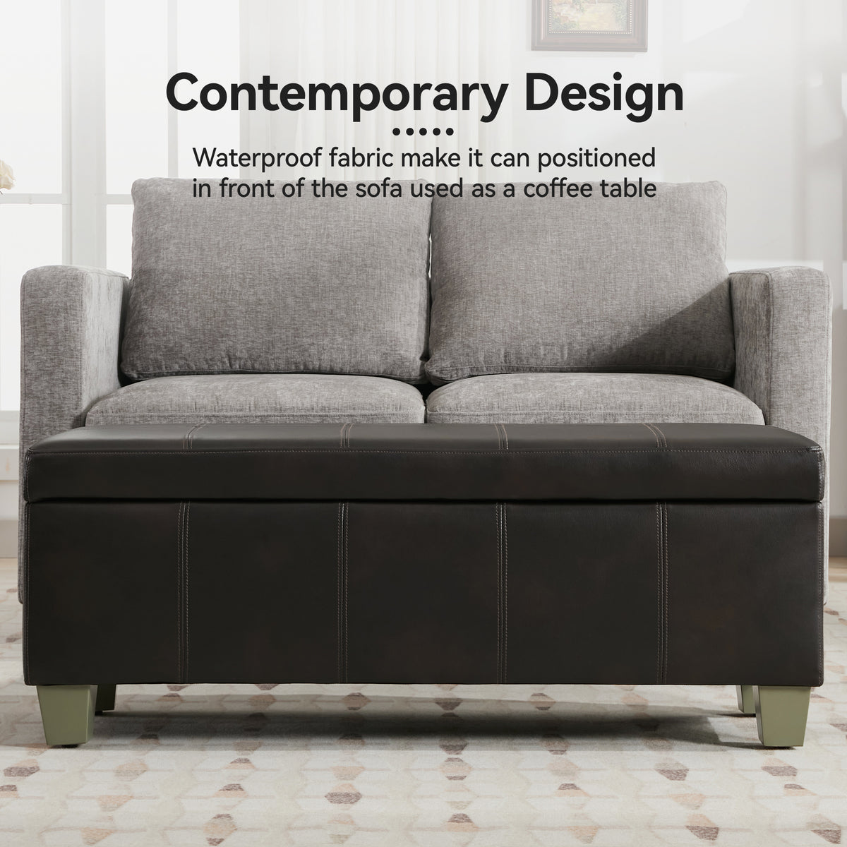 Faux Leather Storage Ottoman Bench, Rectangle Upholstered Storage Bench with Wooden Legs, Stitch Tufted Bench with Storage for Bedroom, Living Room, Entryway