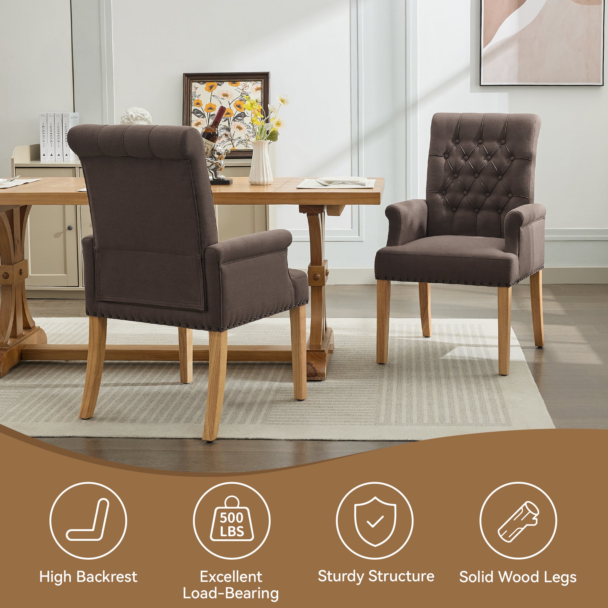 Fabric Dining Chair with Arms，Brown