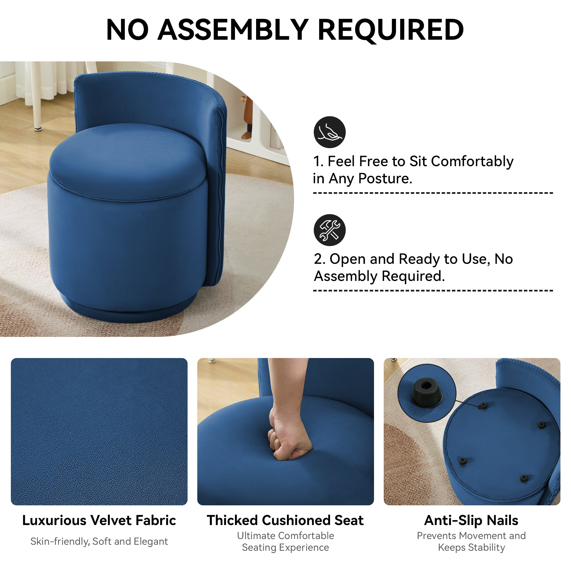 Vanity Chair with Storage，Velvet, Blue