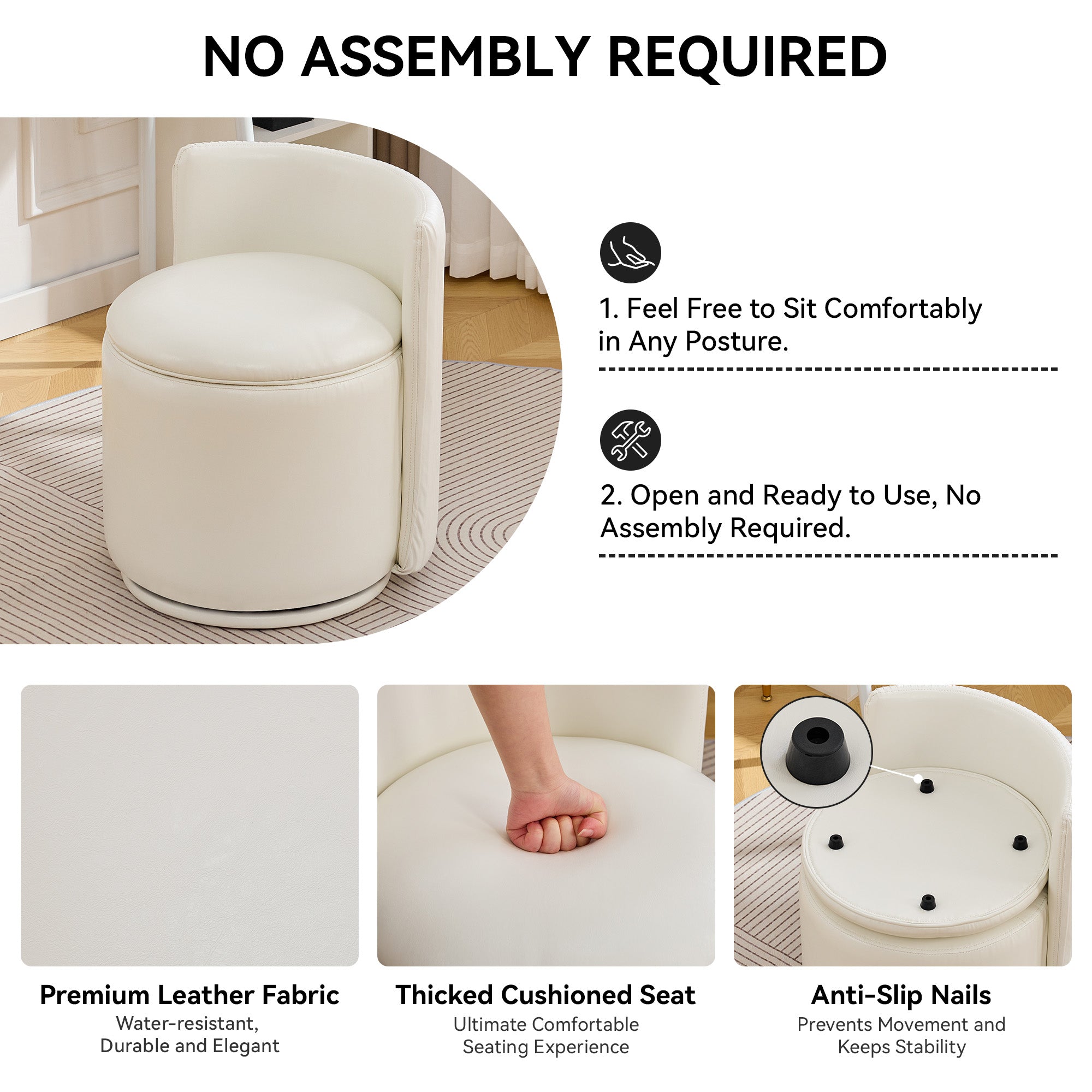 Vanity Chair with Storage，Leather, Beige