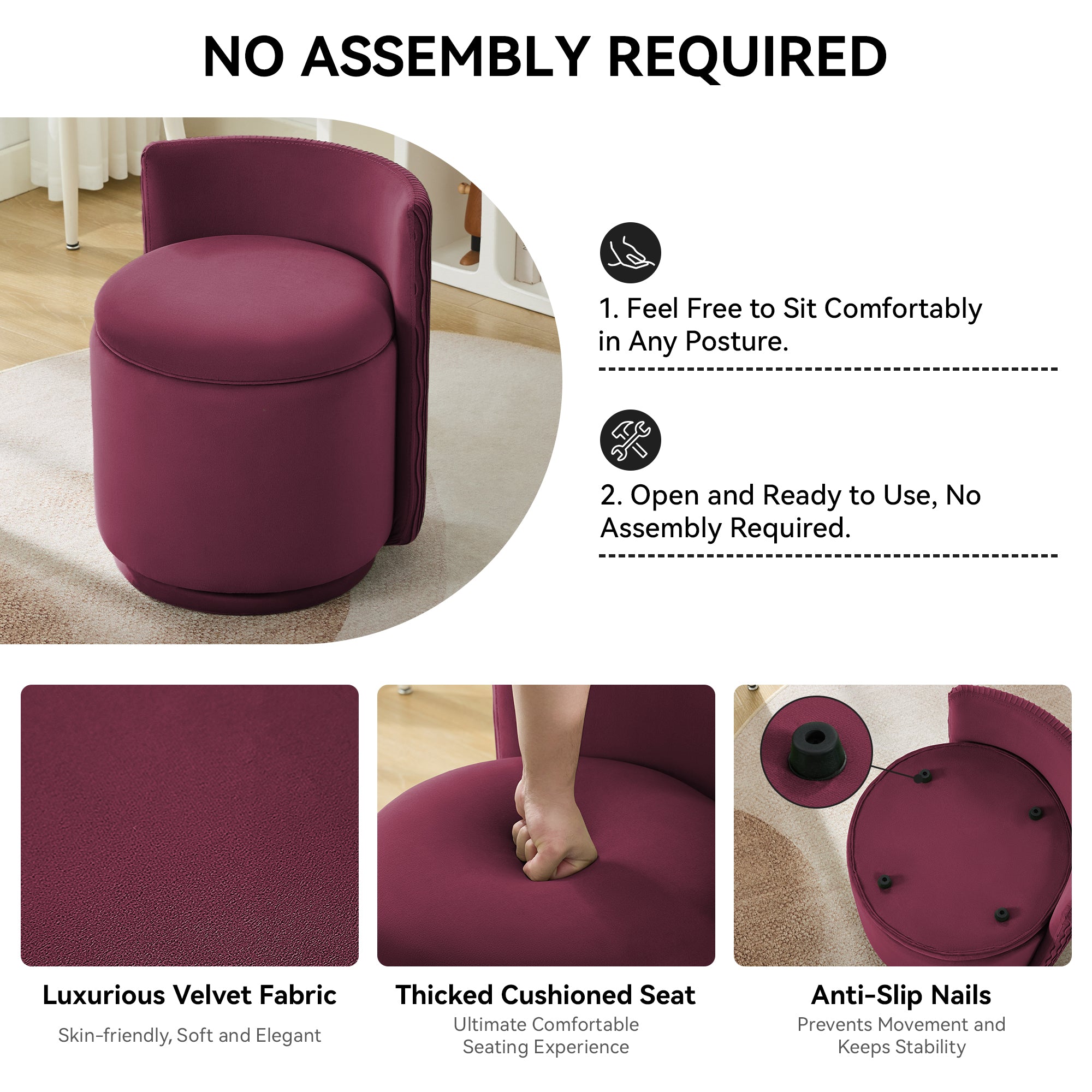 Vanity Chair with Storage，Velvet, Red