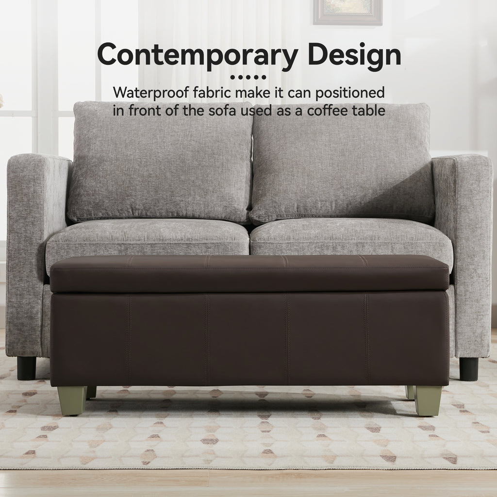 Faux Leather Storage Ottoman Bench, Rectangle Upholstered Storage Bench with Wooden Legs, Stitch Tufted Bench with Storage for Bedroom, Living Room, Entryway
