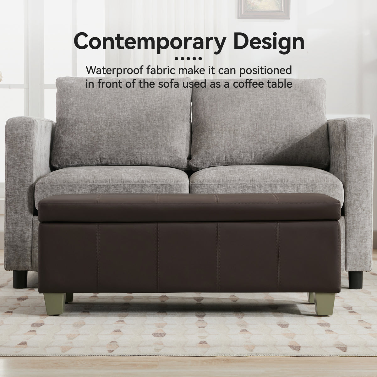 Faux Leather Storage Ottoman Bench, Rectangle Upholstered Storage Bench with Wooden Legs, Stitch Tufted Bench with Storage for Bedroom, Living Room, Entryway