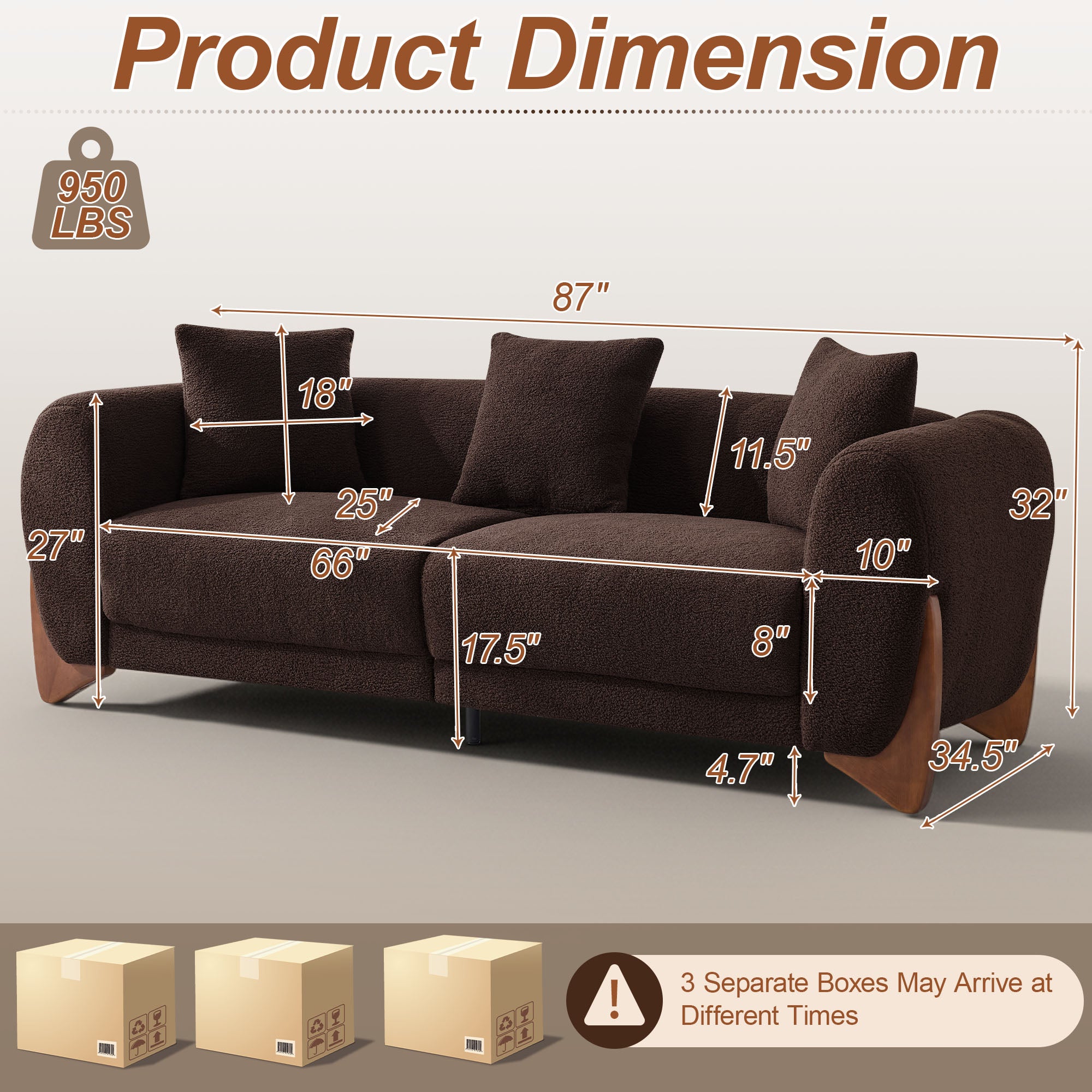 87" Boucle Couch with Solid Wood Legs,Brown