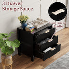 HASLE Fluted Nightstand with 3 Drawers, Mid-Century Modern Bedside Table, 23.7'' Wide Wood End Table for Bedroom, Black Finish