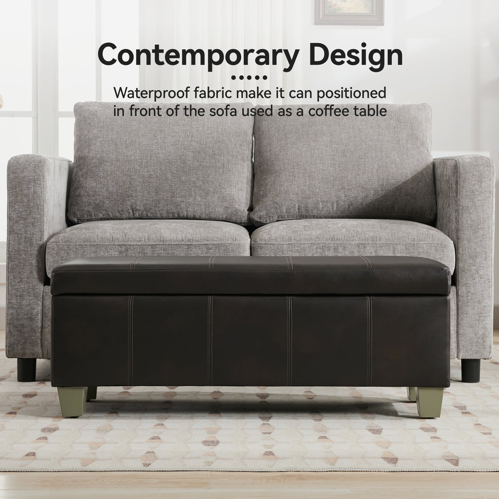 Faux Leather Storage Ottoman Bench, Rectangle Upholstered Storage Bench with Wooden Legs, Stitch Tufted Bench with Storage for Bedroom, Living Room, Entryway