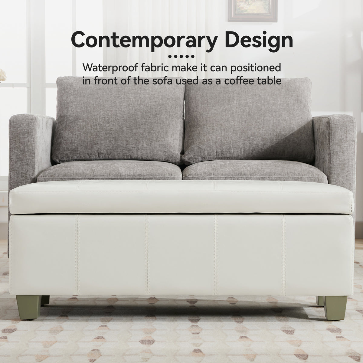 Faux Leather Storage Ottoman Bench, Rectangle Upholstered Storage Bench with Wooden Legs, Stitch Tufted Bench with Storage for Bedroom, Living Room, Entryway