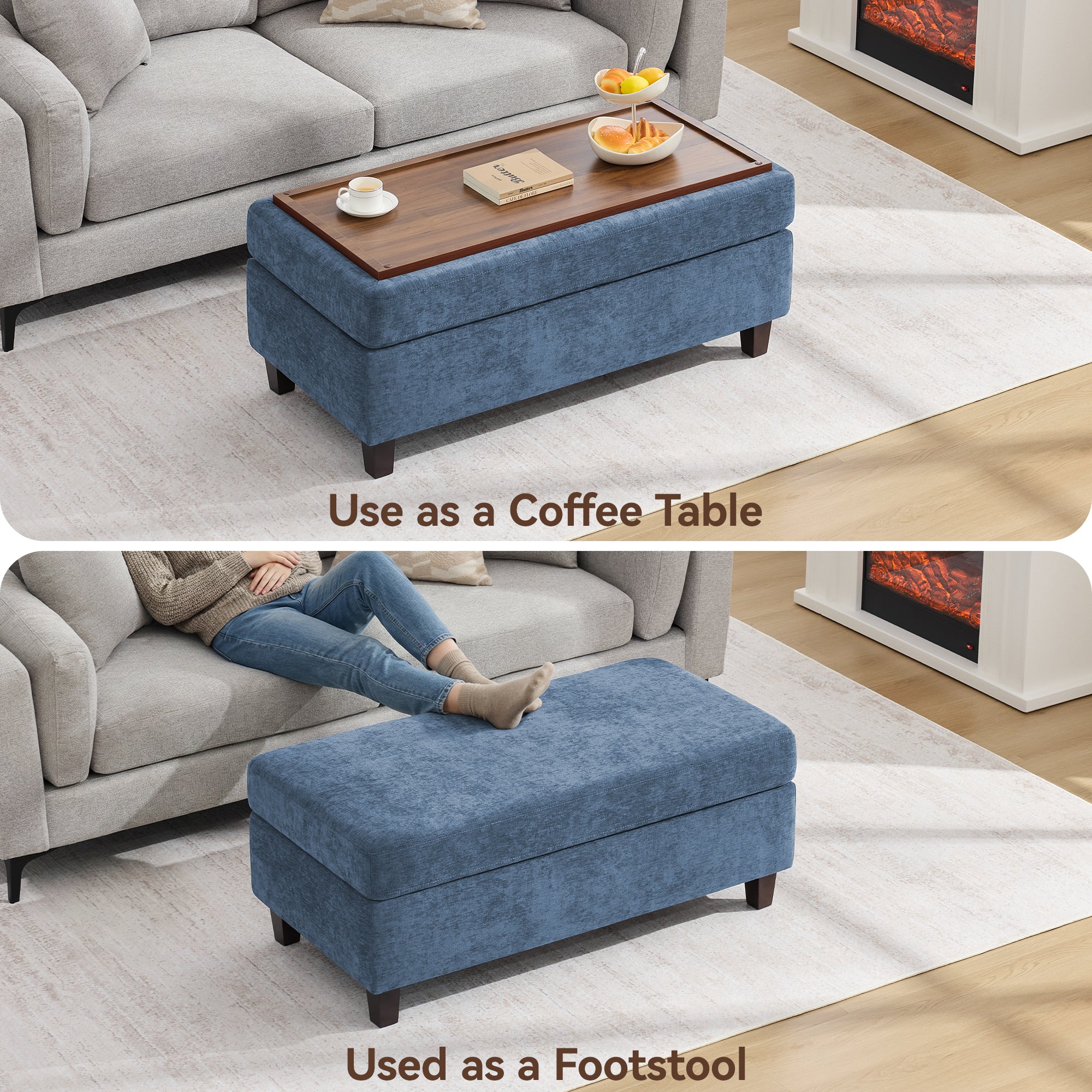 45 Inch Large Storage Ottoman Bench，Blue