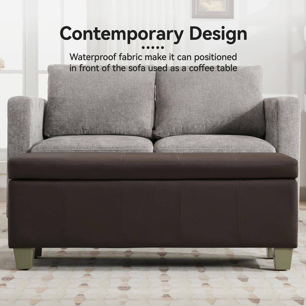 Faux Leather Storage Ottoman Bench, Rectangle Upholstered Storage Bench with Wooden Legs, Stitch Tufted Bench with Storage for Bedroom, Living Room, Entryway